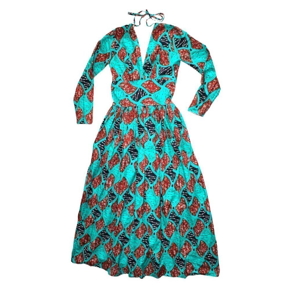 Handmade African multicolor Prairie Maxi dress M Tall Long sleeve zip up Tribal - Picture 11 of 13